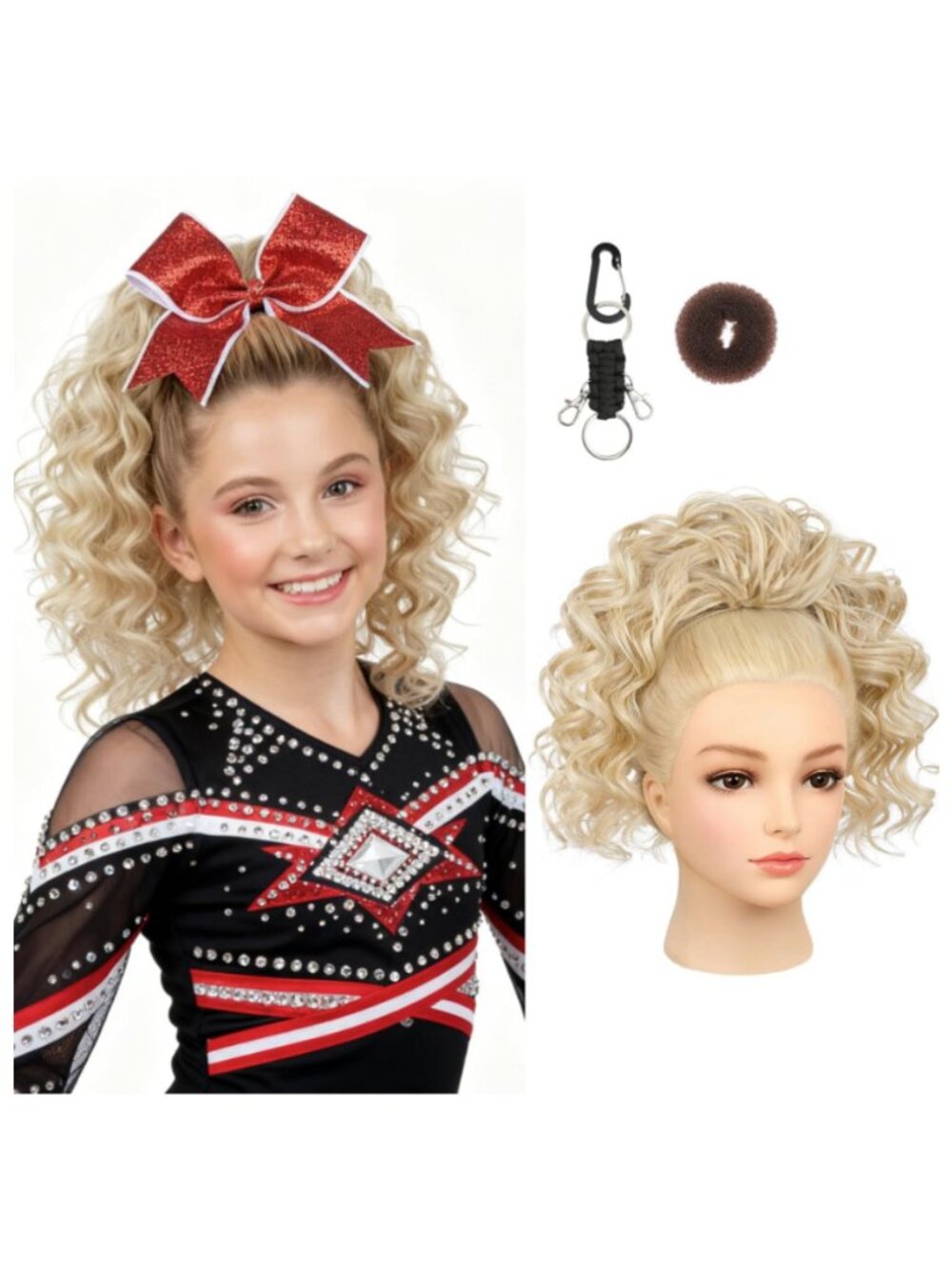 14" Champagne Blonde Curly‎ Cheer Ponytail Hairpiece, Lightweight Cheer Natural